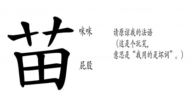 <strong>图17:</strong> “苗”的隐藏象征意义有没有可能是各个组成部分代表女性身体的相应部分呢?“艸”字已经被简化为“艹”,代表“乳房”——理论上来说可以拆分成两个十字(++)或者两个t(tt)——同时还代表“芽苞”,“新苗”,都是植株上新长出的部分;“田”即为“目标”,代表“屁股”或“阴道”,内部的加号标志在本例中指带“女性的生殖器官”或“从此处插入”——即男性的目标。这个解释说明了为什么“妓女”,“猫”,以及“漂亮女性”等不同的概念仅仅通过改变与“苗”搭配的偏旁便可以得到。同时,这也解释了“苗条”(纤瘦且吸引人)一词:“条”描述的是女性的身体状态:苗。