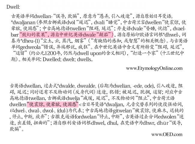<strong>图24:</strong>根据网站www.etymology.com,单词“dwell”的词根包含致命的颠茄(看第一幅图紫色标注部分),而牛津英语词典(第二幅图紫色标注部分)则不包含,其给出的词根是“使昏迷,眩晕”。有些文化给女人裹足,有些文化使用毒品,而有些则使用其他种类的手段来控制人类。