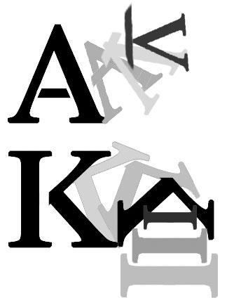 illustration showing Letters morph to form each other:“A” to “K”; “K” to “A.”