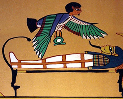 illustration of Ba, the angel-like creature with the human head and bird body, functioned as the Egyptian’s “soul.” According to Gardiner, this word is really pronounced “bawk” similar to a bird squawk. Perhaps this is the sound the soul makes as it leaves the body (Picture credit: the Canadian Museum of Civilization. http://www.civilization.ca/cmc/exhibitions/civil/ egypt/images/reli19b.jpg.